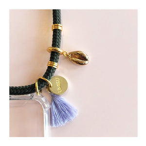 slate grey strap for phone accessories with gold beads and shell charms gold coin and periwinkle tassel