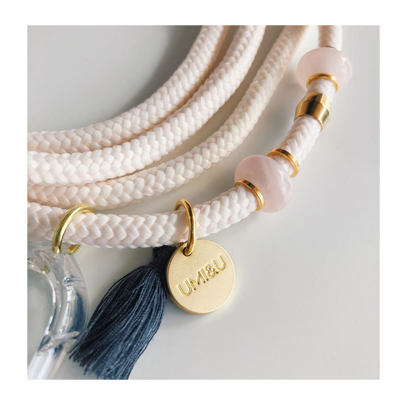 rose quartz phone necklace strap with gold beads and coin and grey tassel