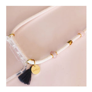 rose quartz phone necklace strap with gold beads and coin and grey tassel