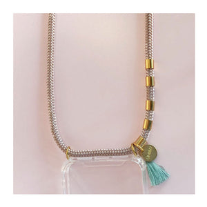 rose gold iphone strap with teal tassel and gold beads