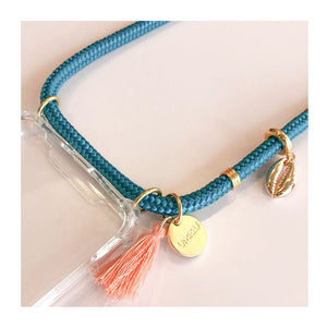 beach inspired phone necklaces with shell charms and gold beads and coral tassel